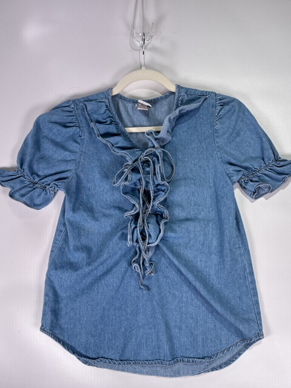 Great Escape Vintage Denim Blouse Lace Up Ruffle Puff Sleeve Cotton Blue Medium - Picture 2 of 9